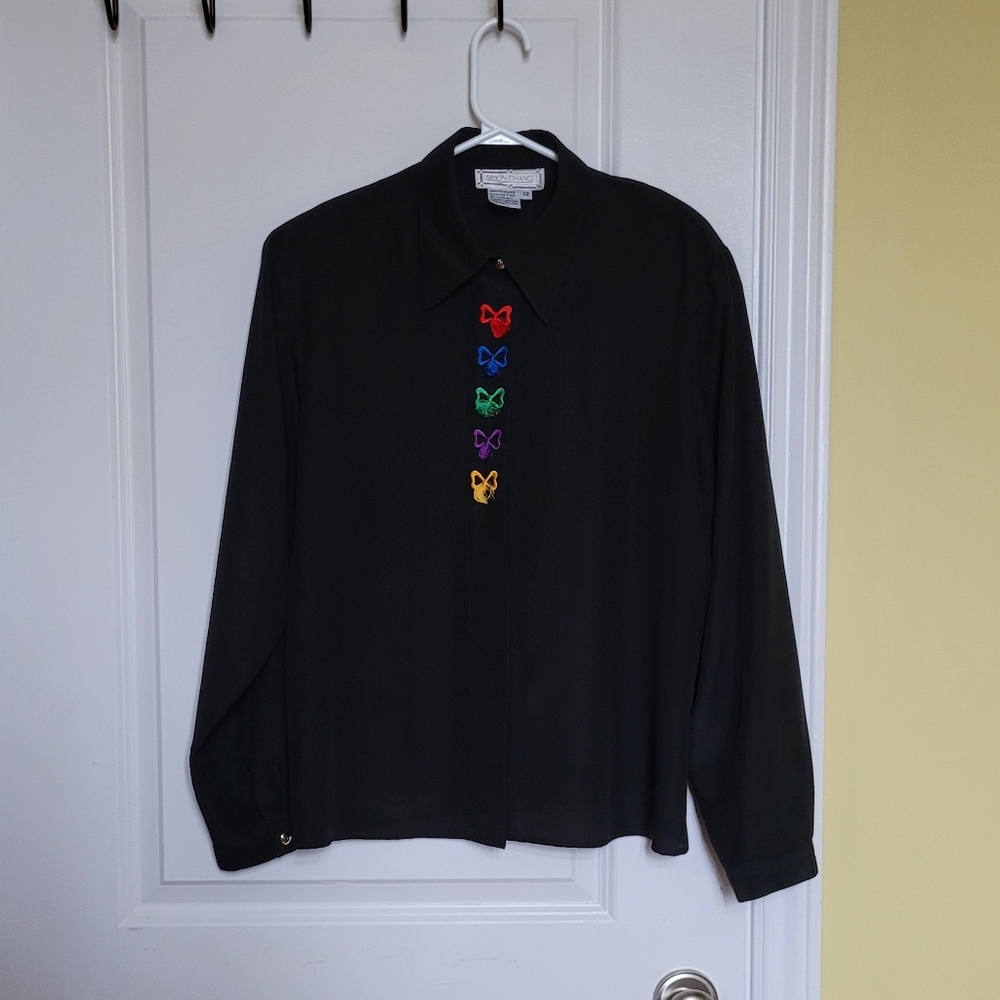 Simon Chang blouse vintage 1980s sheer black shirt embroidered bows preppy top